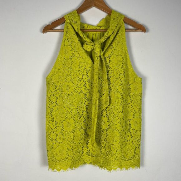 J Crew Tie Neck Sleeveless Lace Top‎ Chartreuse Scalloped Eyelash Hem Size M NEW - Picture 6 of 9
